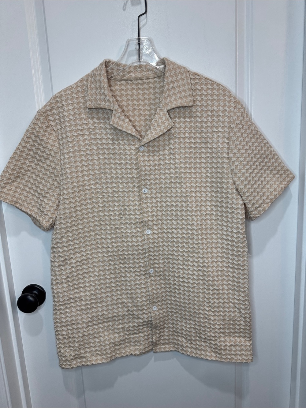 Beige Houndstooth Short Sleeve Camp Shirt